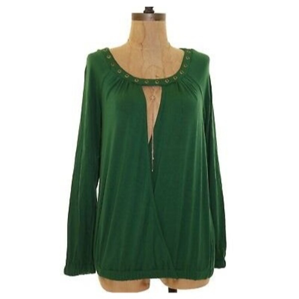 Ella Moss Surplice Top XS Long Sleeve Metal Rivet Detail Jersey Green EUC B63